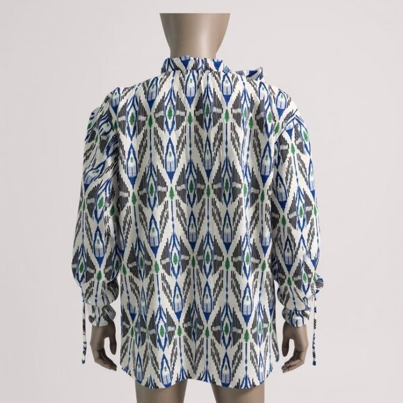 Chicos Womens Top Blouse runched sleeve White Blue Black Size 12 - Picture 2 of 7